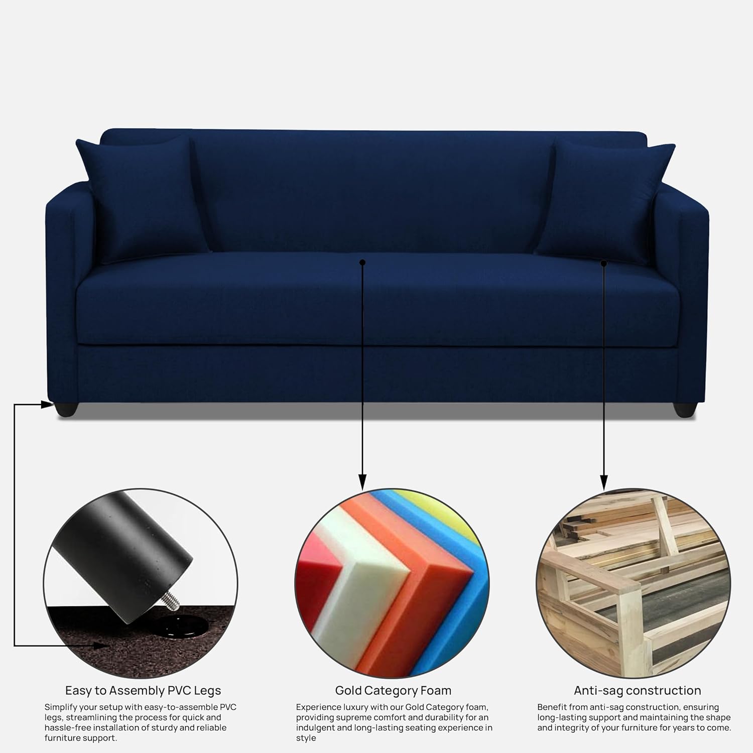 Elma Three Seater Sofa in Fabric-Blue